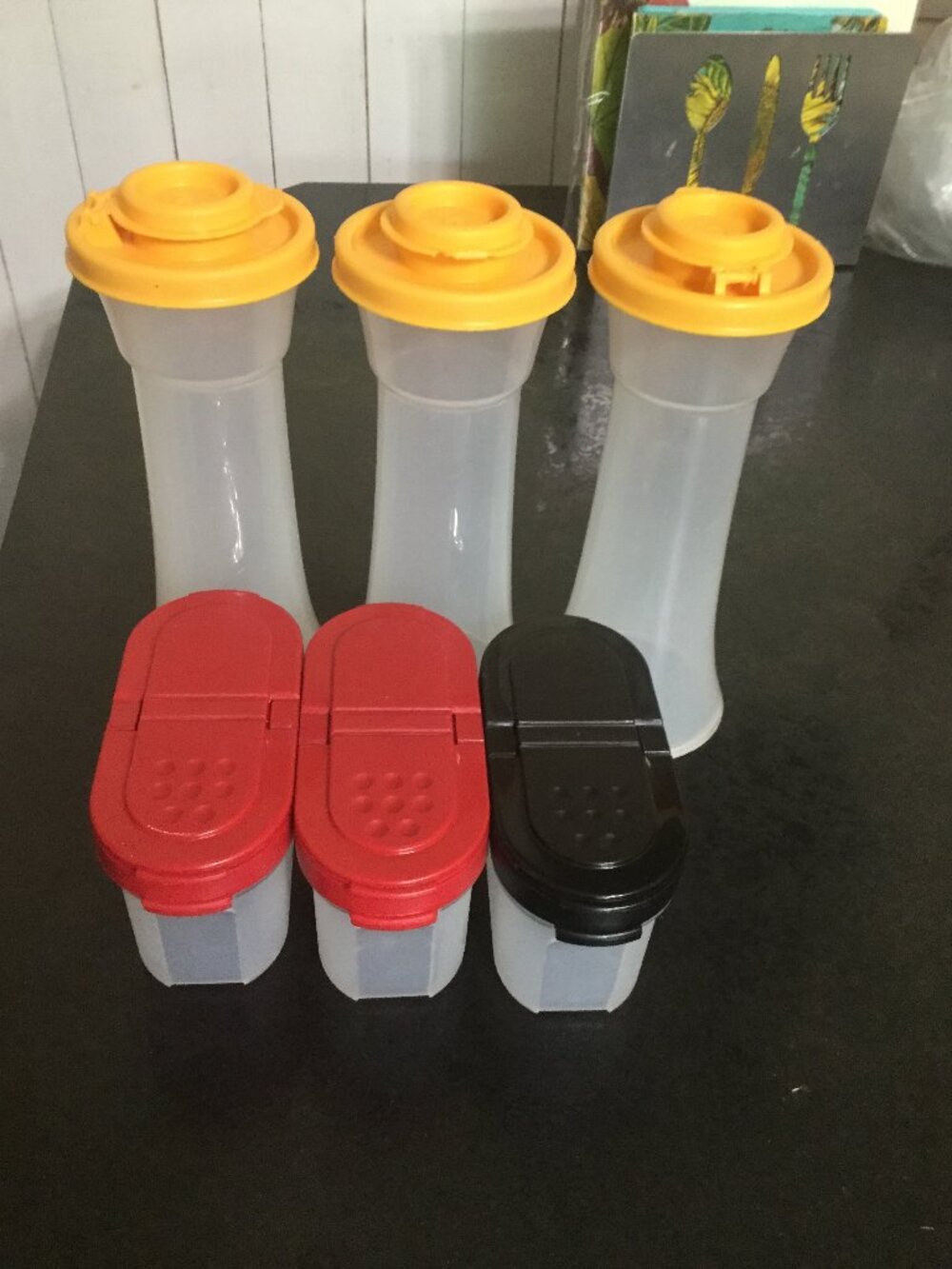 Tupperware 3 small spice containers  3 six inch hourglass salt & pepper shakers